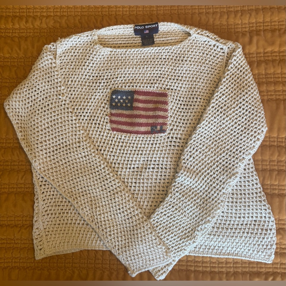 RARE Ralph Lauren Cream Open-Knit Crewneck Sweater with Flag Patch